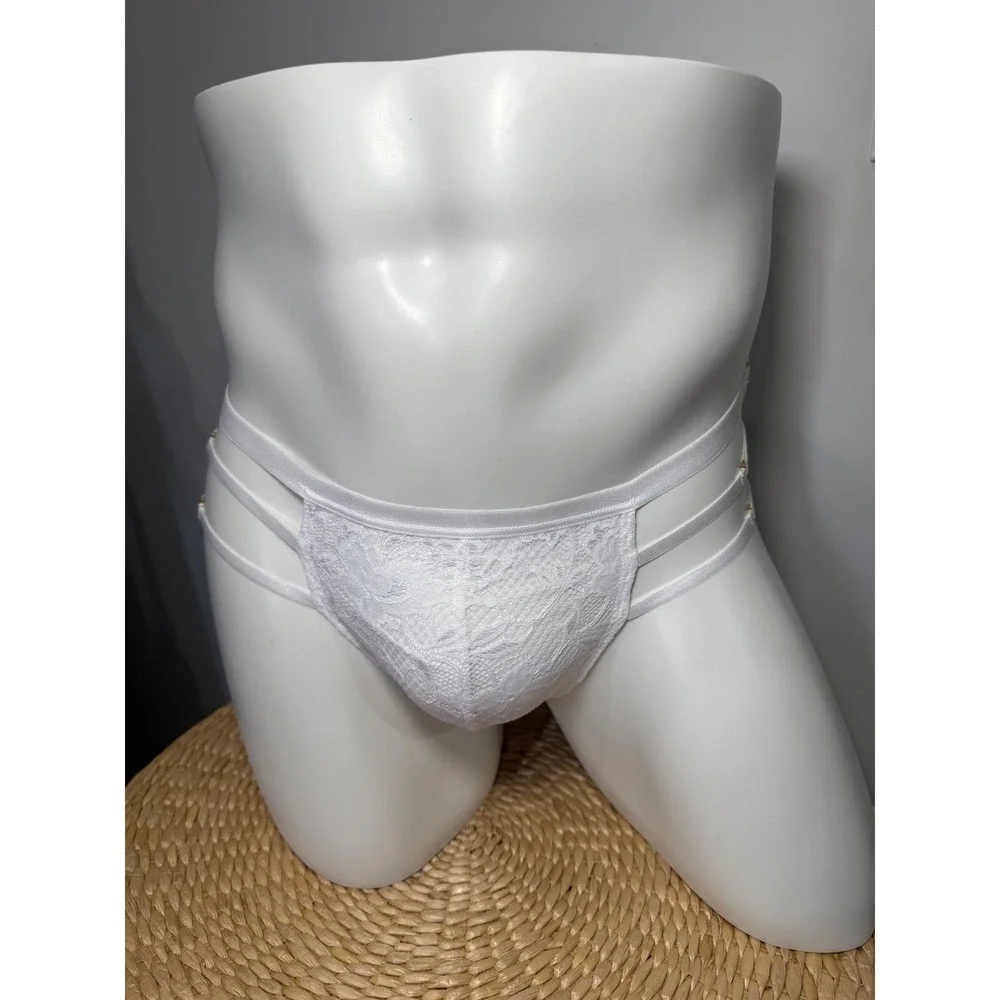 Cosabella White‎ Strappy Italian Lace Thong Men's Floral Lace Gold Hardware S
